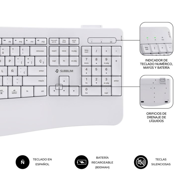 Subblim Combo Dual Prowave Teclado y Ratón Ergonómicos Blanco
